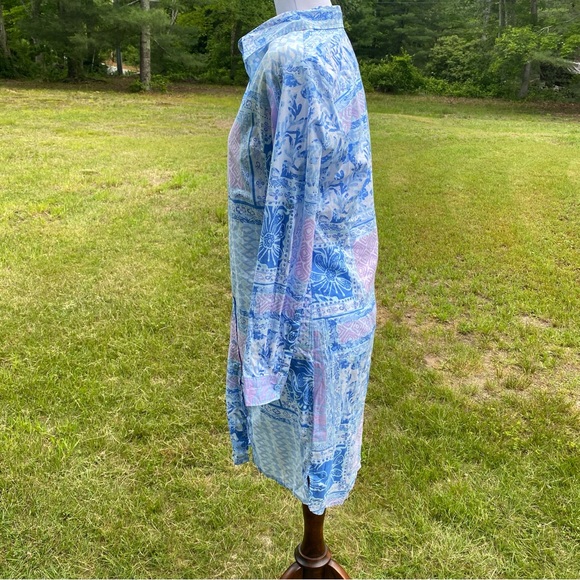 THREE ISLANDS DRESS SHIFT BUTTON FRONT LONG SLEEVE BLUE WHITE PURPLE SIZE XS - Picture 4 of 10
